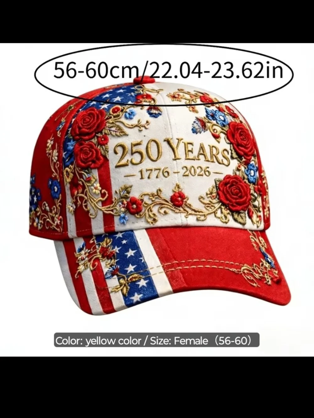 Printed 250 Years Patriotic Baseball Cap - Red, White, Blue, Gold